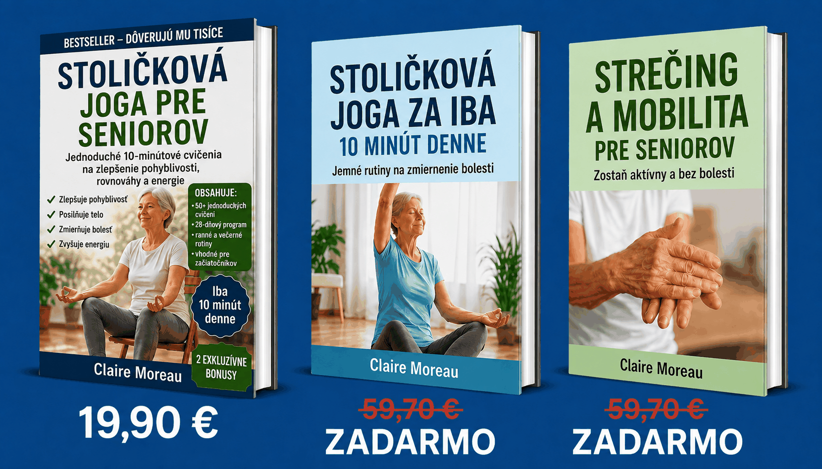 Prehľad súpravy 3 kníh jogy na stoličke pre seniorov