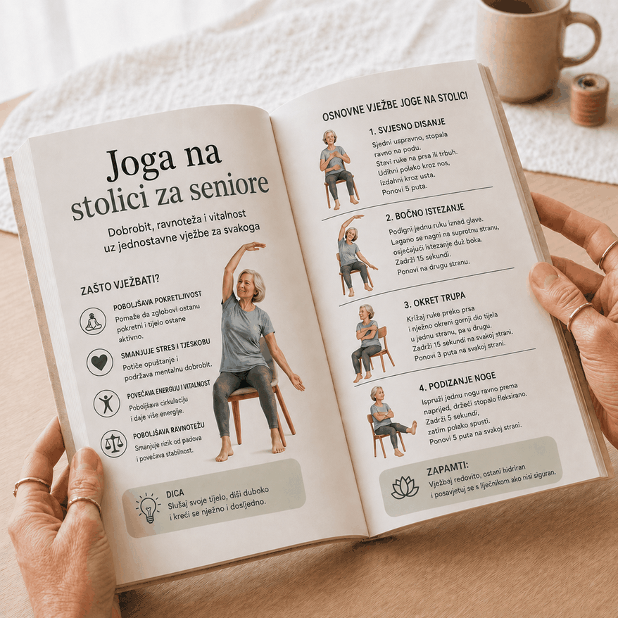 Pogled na stranice knjige joge na stolici za starije