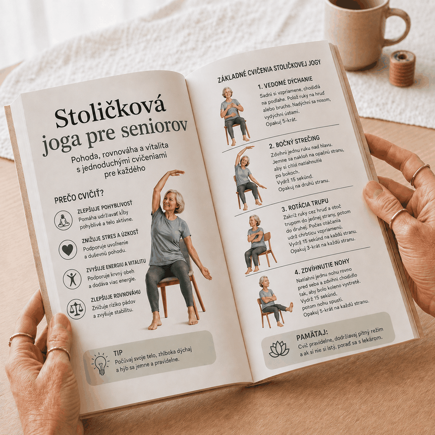 Ukážka stránok z kníh jogy na stoličke pre seniorov